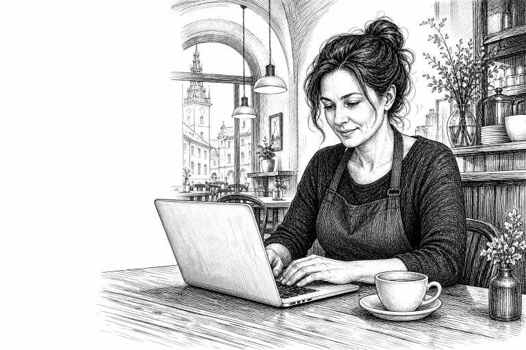 Restaurant owner in her early 40s updating menu on laptop at a wooden table inside a cozy Olomouc bistro, warm interior