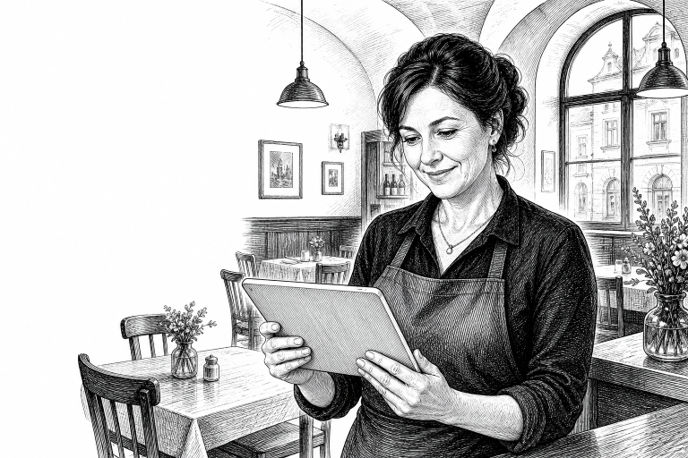 Restaurant owner in her 40s reviewing a new website on a tablet inside a cozy Czech restaurant in Opava, warm interior l