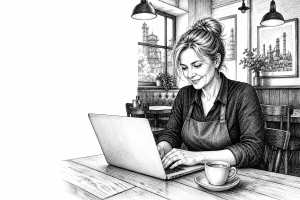 Restaurant owner in her 40s updating menu on laptop at a wooden table inside a cozy Ostrava bistro, warm interior lighti