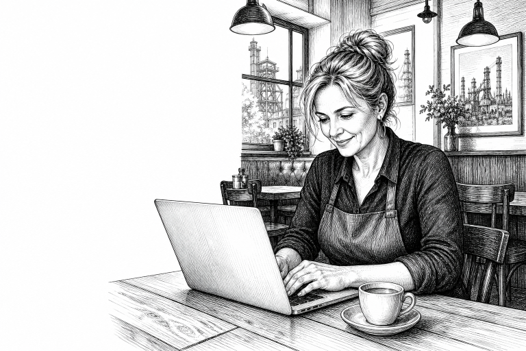 Restaurant owner in her 40s updating menu on laptop at a wooden table inside a cozy Ostrava bistro, warm interior lighti