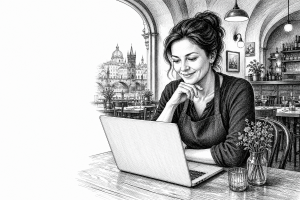 Restaurant owner in her early 40s reviewing a new website on a laptop at a wooden table inside a cozy Prague restaurant,