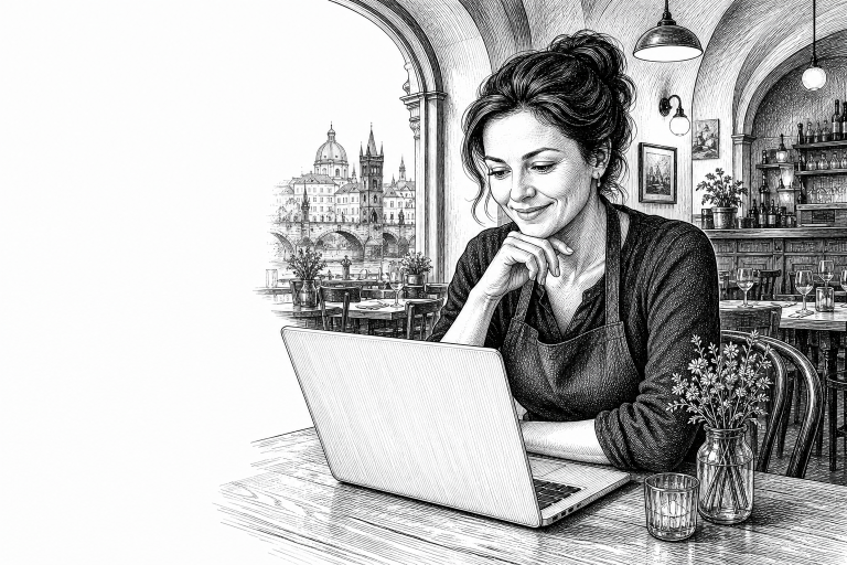 Restaurant owner in her early 40s reviewing a new website on a laptop at a wooden table inside a cozy Prague restaurant,