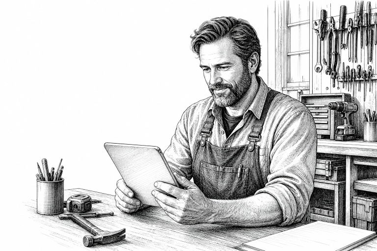 A skilled tradesman in his 40s reviewing job requests on a tablet at a workshop desk, tools and equipment visible in the