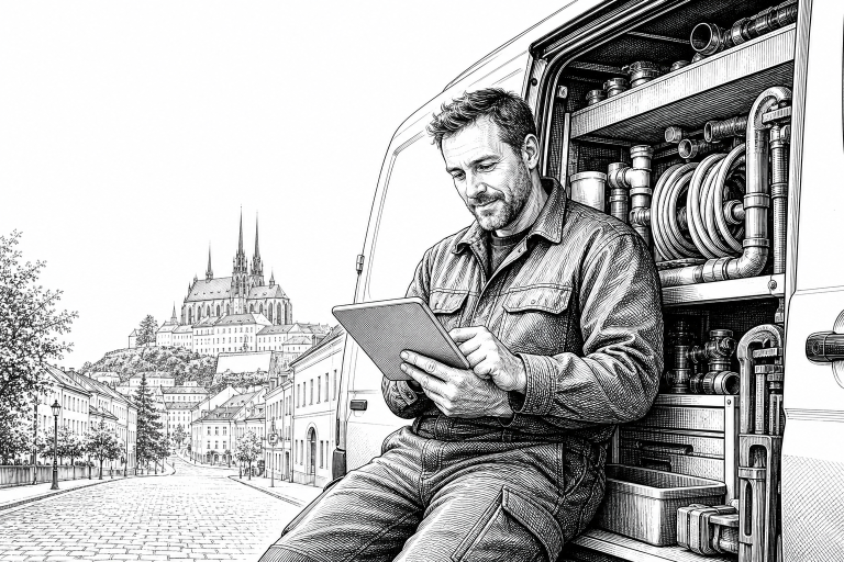 A plumber in his 40s in work clothes reviewing a website on a tablet inside a tidy service van, parked on a Brno city st