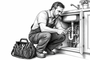 A male plumber in his 40s fixing pipes under a kitchen sink in a Czech home, tool bag open beside him, focused and confi