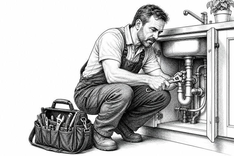 A male plumber in his 40s fixing pipes under a kitchen sink in a Czech home, tool bag open beside him, focused and confi