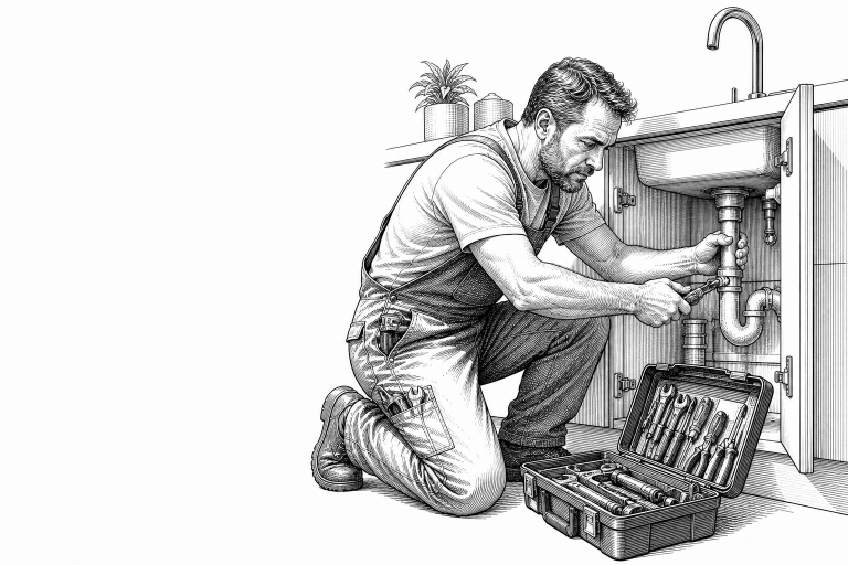 A male plumber in his 40s fixing pipes under a kitchen sink in a modern Czech apartment, toolbox open on the floor besid