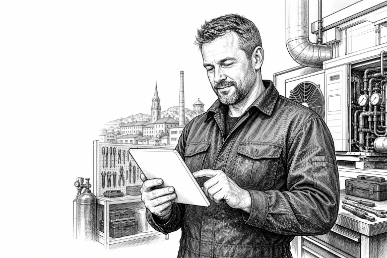 A male HVAC technician in his 40s reviewing a website on a tablet in a workshop in a Czech industrial town, tools and eq
