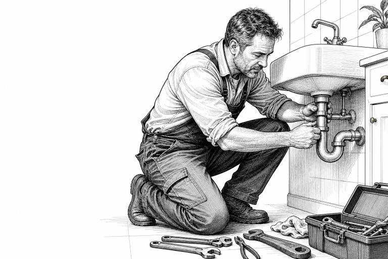 A plumber in his 40s in work clothes kneeling beside a sink in a Czech apartment, tools on the floor, focused on repair