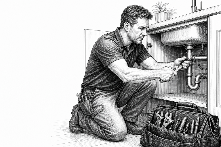 A plumber in his 40s fixing pipes under a sink in a clean Czech home, tool bag open beside him, focused and confident