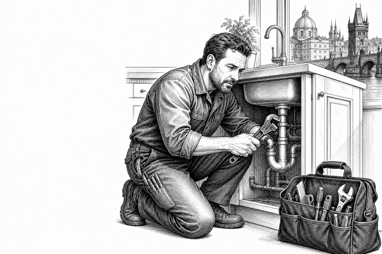 A male plumber in his 40s fixing pipes under a kitchen sink in a Prague apartment, tool bag open beside him, focused and