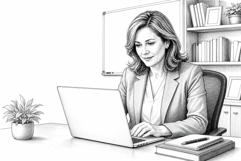 A female school principal in her 40s reviewing a modern school website on a laptop in a bright school office, with a whi