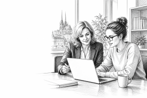 A female school principal and a web developer sitting together at a table in a bright modern school office in Brno, revi