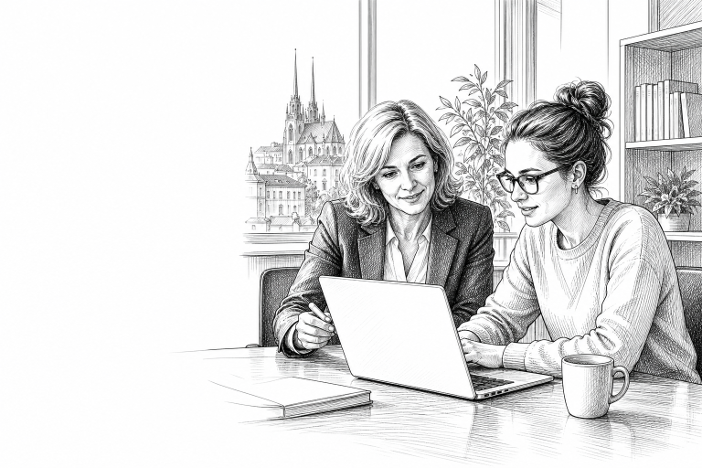 A female school principal and a web developer sitting together at a table in a bright modern school office in Brno, revi