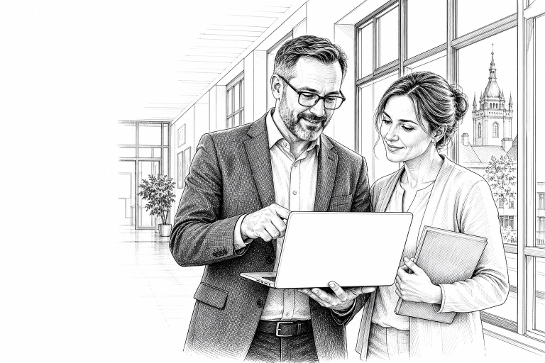 Czech school principal and teacher reviewing a new school website on a laptop together in a bright modern school hallway