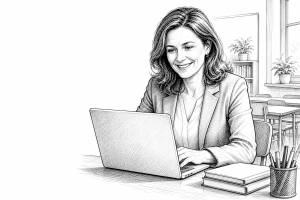 Czech female teacher in her 40s sitting at a school desk in a bright classroom, reviewing a school website on a laptop w