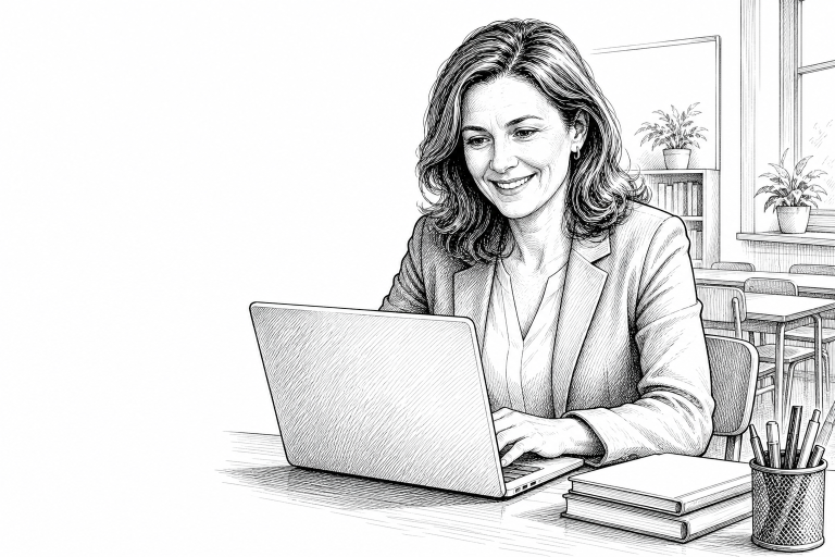 Czech female teacher in her 40s sitting at a school desk in a bright classroom, reviewing a school website on a laptop w