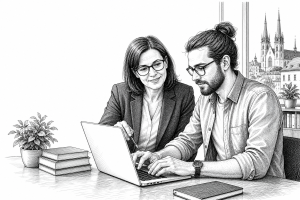 A female school principal and a web developer sitting at a table in a bright school office in Olomouc, reviewing a new s