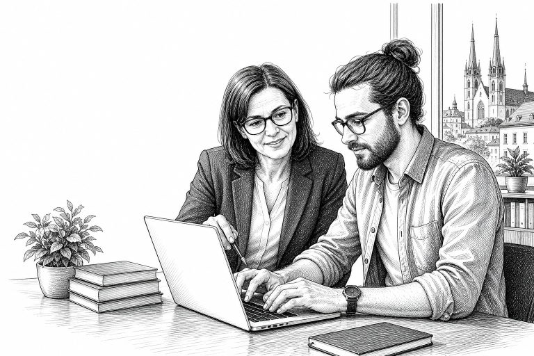 A female school principal and a web developer sitting at a table in a bright school office in Olomouc, reviewing a new s