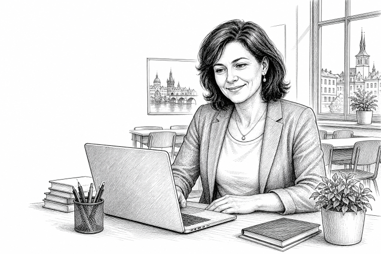 A female teacher in her 40s sitting at a desk in a bright Czech school classroom, reviewing a school website on a laptop