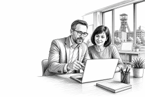 Czech school administrator and teacher reviewing a new school website on a laptop together in a bright modern school off