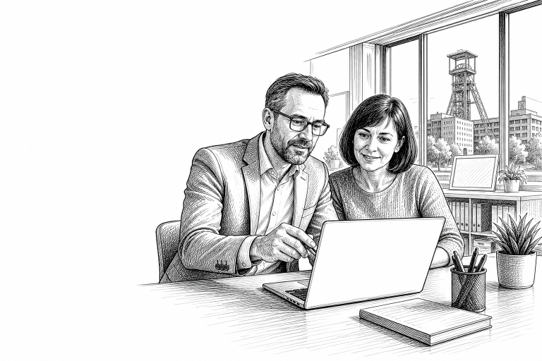 Czech school administrator and teacher reviewing a new school website on a laptop together in a bright modern school off