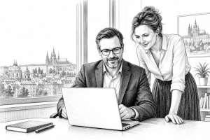 Czech school principal and teacher reviewing a new school website on a laptop in a bright modern school office in Prague