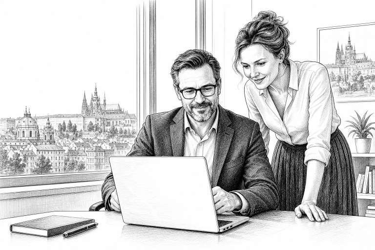 Czech school principal and teacher reviewing a new school website on a laptop in a bright modern school office in Prague