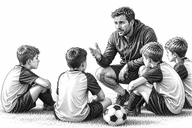 Youth football team coach talking with young players on a grass pitch during training, late afternoon light, small-town