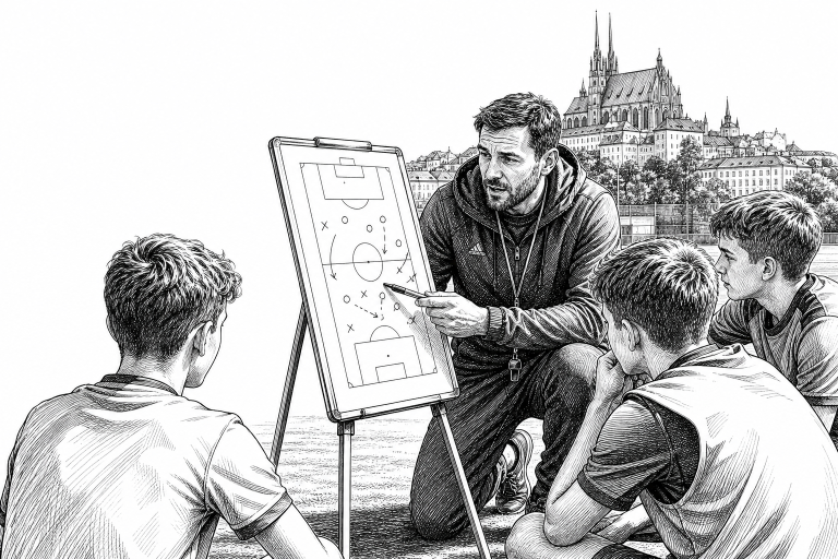 Sports club coach and young athletes at an outdoor training session in Brno, coach explaining tactics on a whiteboard, e