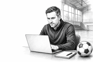 Sports club manager in his 40s reviewing a team website on a laptop at a desk, sports hall in the background, natural li