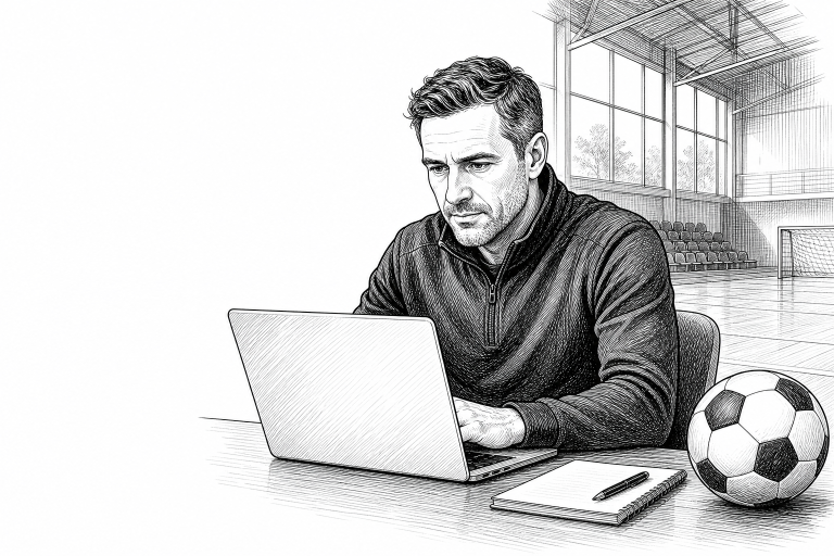 Sports club manager in his 40s reviewing a team website on a laptop at a desk, sports hall in the background, natural li