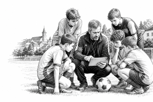 Sports club coach and young athletes gathered on a football field in a small Czech town, reviewing training schedule on
