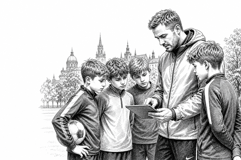 Sports club coach and young athletes at an outdoor training session in a Czech city park, reviewing a team schedule on a