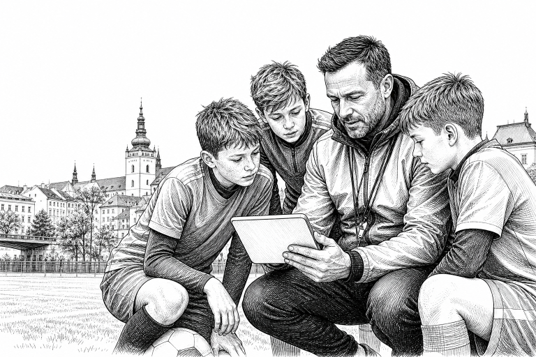 Sports club coach and youth players at an outdoor training session in a small Czech city, reviewing schedule on a tablet