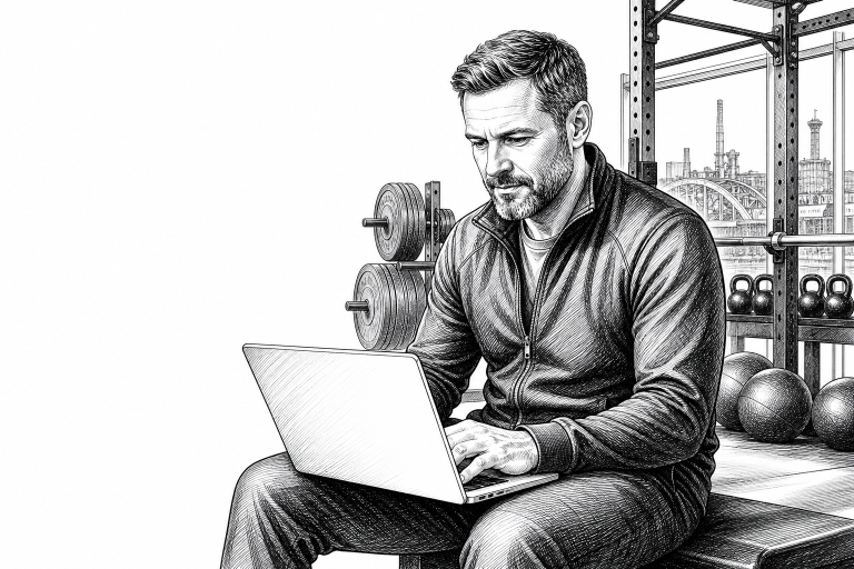 Sports club manager in his 40s reviewing a website on a laptop in a gym in Ostrava, sports equipment visible in the back