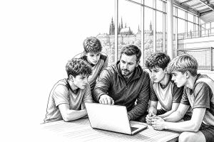 Sports club coach and young athletes in Prague, reviewing team schedule on a laptop together in a modern sports facility
