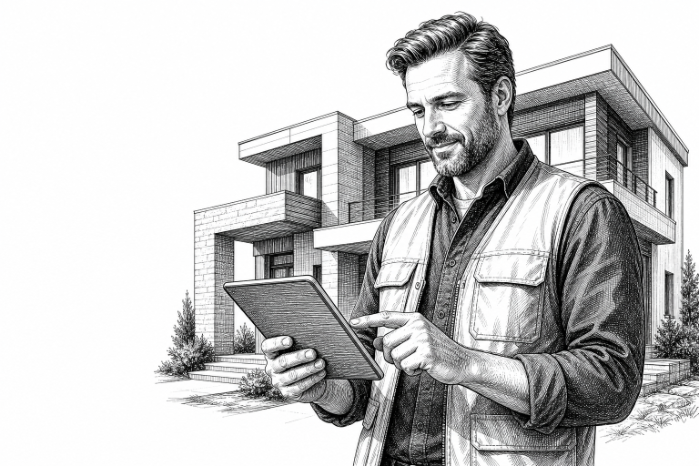Construction company owner in work clothes reviewing building project photos on a tablet, standing in front of a newly c