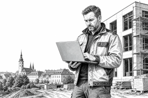 Construction company owner in his 40s reviewing completed building project on a laptop, standing at a construction site