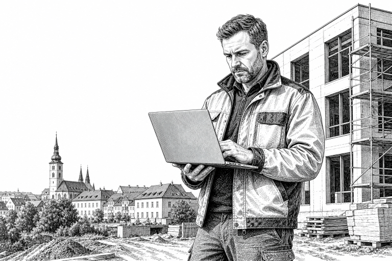 Construction company owner in his 40s reviewing completed building project on a laptop, standing at a construction site