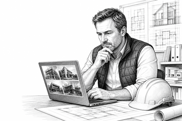Czech construction company owner in his 40s reviewing building project photos on a laptop at a site office, hard hat on