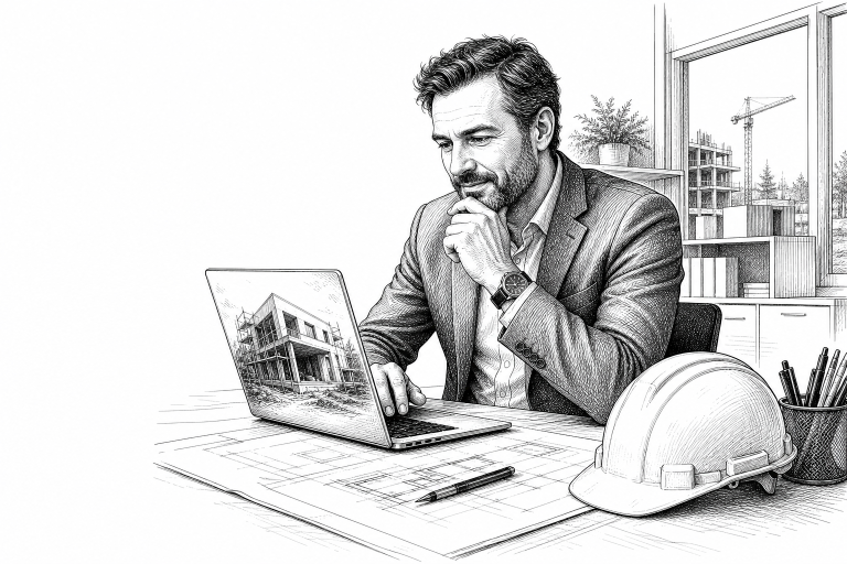 Czech construction company owner in his 40s reviewing building project photos on a laptop, sitting at a desk in a tidy s