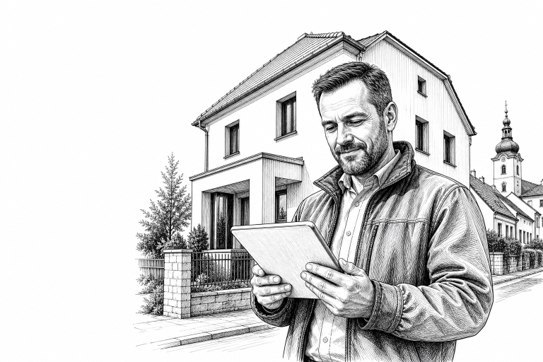 Construction company owner in his 40s reviewing completed building project on a tablet, standing in front of a newly fin