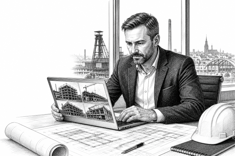 Construction company owner in his 40s reviewing building project photos on a laptop in a modern Ostrava office, blueprin