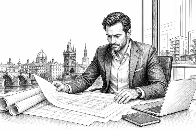 Construction company owner in his 40s reviewing building project plans at a desk in a modern Prague office, blueprints a