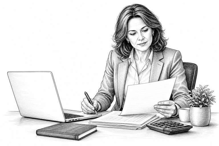 An accountant in her 40s reviewing tax documents at a tidy desk, with a laptop open beside her showing a clean professio
