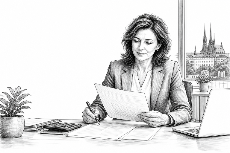 Female accountant in her 40s reviewing financial documents at a tidy desk in a modern Brno office, natural light, focuse