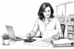 Czech female accountant in her 40s reviewing financial documents at a tidy desk in a bright modern office in a mid-sized