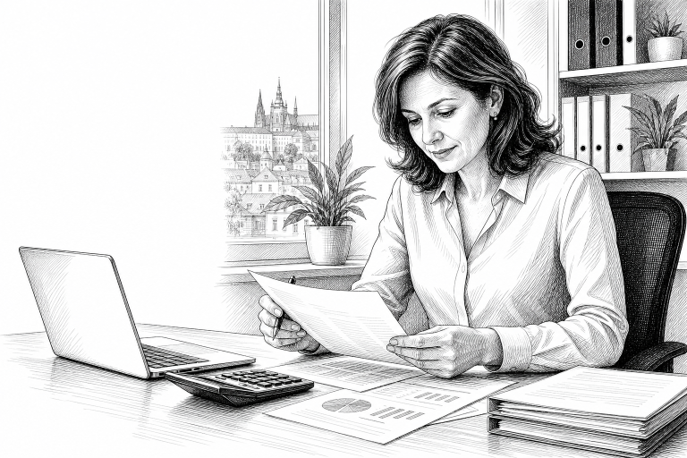 Female accountant in her 40s reviewing financial documents at a tidy desk in a bright Czech office, calculator and lapto