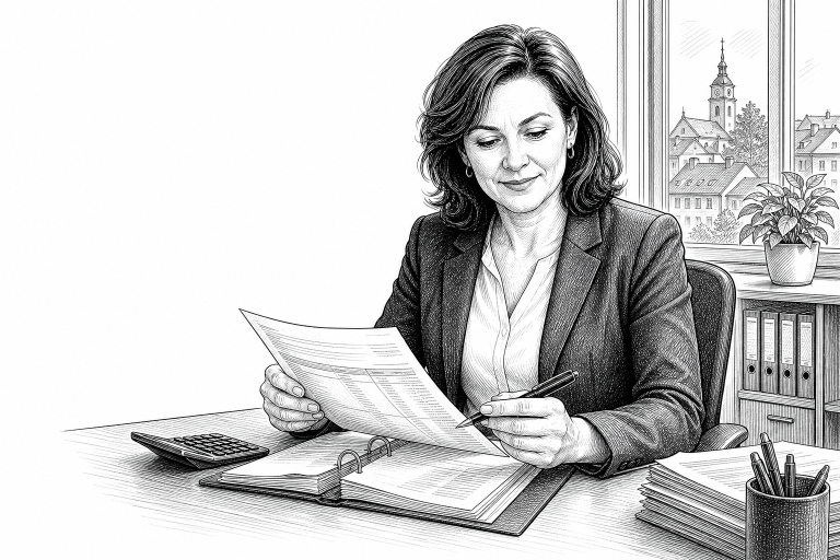Female accountant in her 40s reviewing financial documents at a tidy desk in a small office in a Czech regional town, fo